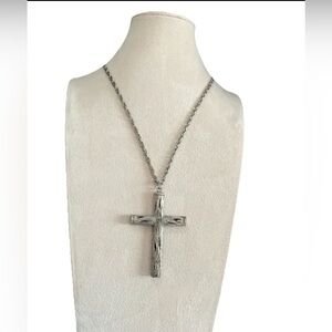 Vtg Brutalist Cross Necklace Large Rustic Pendant Wood Look SilverTone Christian